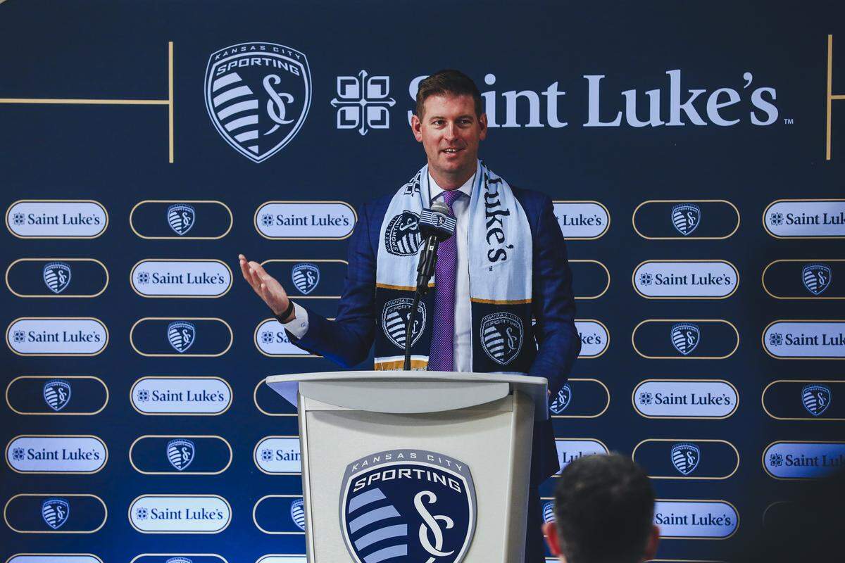 Sporting KC president and CEO Jake Reid discusses how the club’s new Saint Luke’s sponsorship will work during a news conference on Friday, Dec. 12, 2025 in Kansas City.
