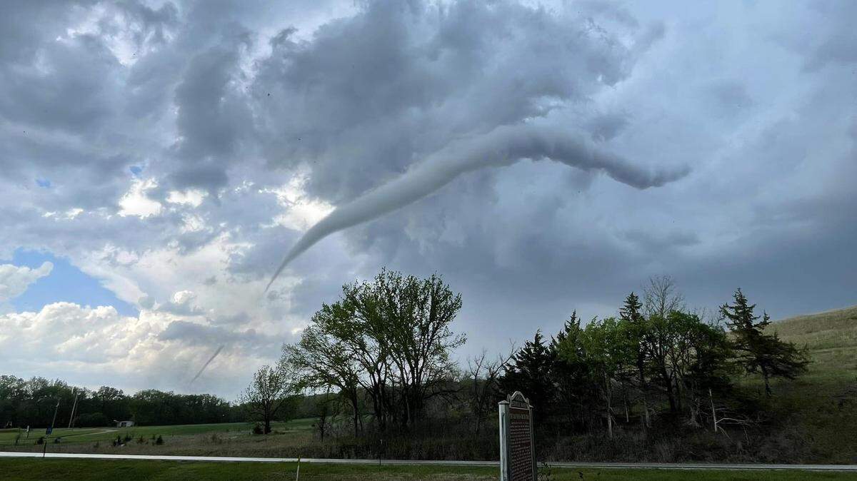 A tornado forms over Westmoreland, Kansas, April 30, 2024. One person was confirmed dead and at least 22 homes were leveled by the tornado.