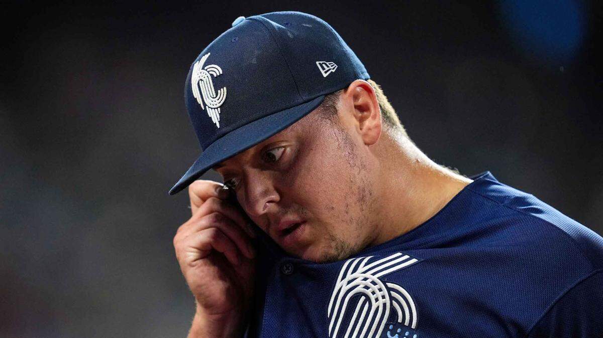 Kansas City Royals relief pitcher Brad Keller (56) reacts as he leaves the field during the seventh inning against the Detroit Tigers at Kauffman Stadium on Sept. 9, 2022.