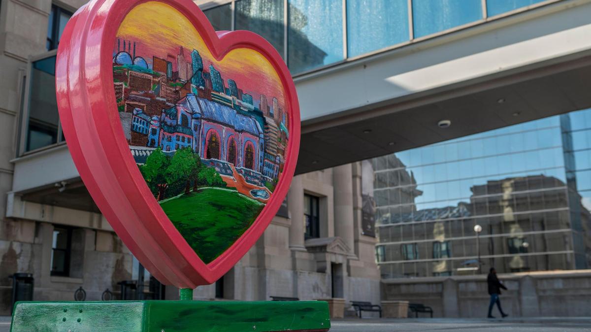A heart called “Home” created by artist Tracy Kapperman is displayed in front of Union Station on Monday, March 7, 2022. The heart artworks, 154 of them, were made by 123 local artists and were installed throughout the metro as part of the Parade of Hearts.