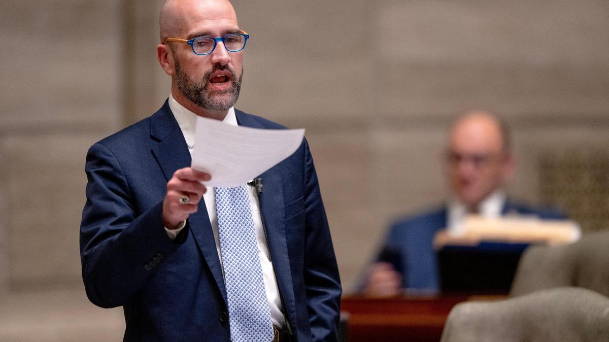 State Sen. Greg Razer, D-Kansas City, filibusters Senate Bill 49 on Tuesday, March 7, 2023, in Jefferson City, Mo. The bill would bar “gender transition procedures” — including puberty blockers and hormone therapy — for minors, excluding those with a verifiable sex development disorder or when treating someone whose injury was “caused by or exacerbated” by “gender transition procedures,” according to the legislation.