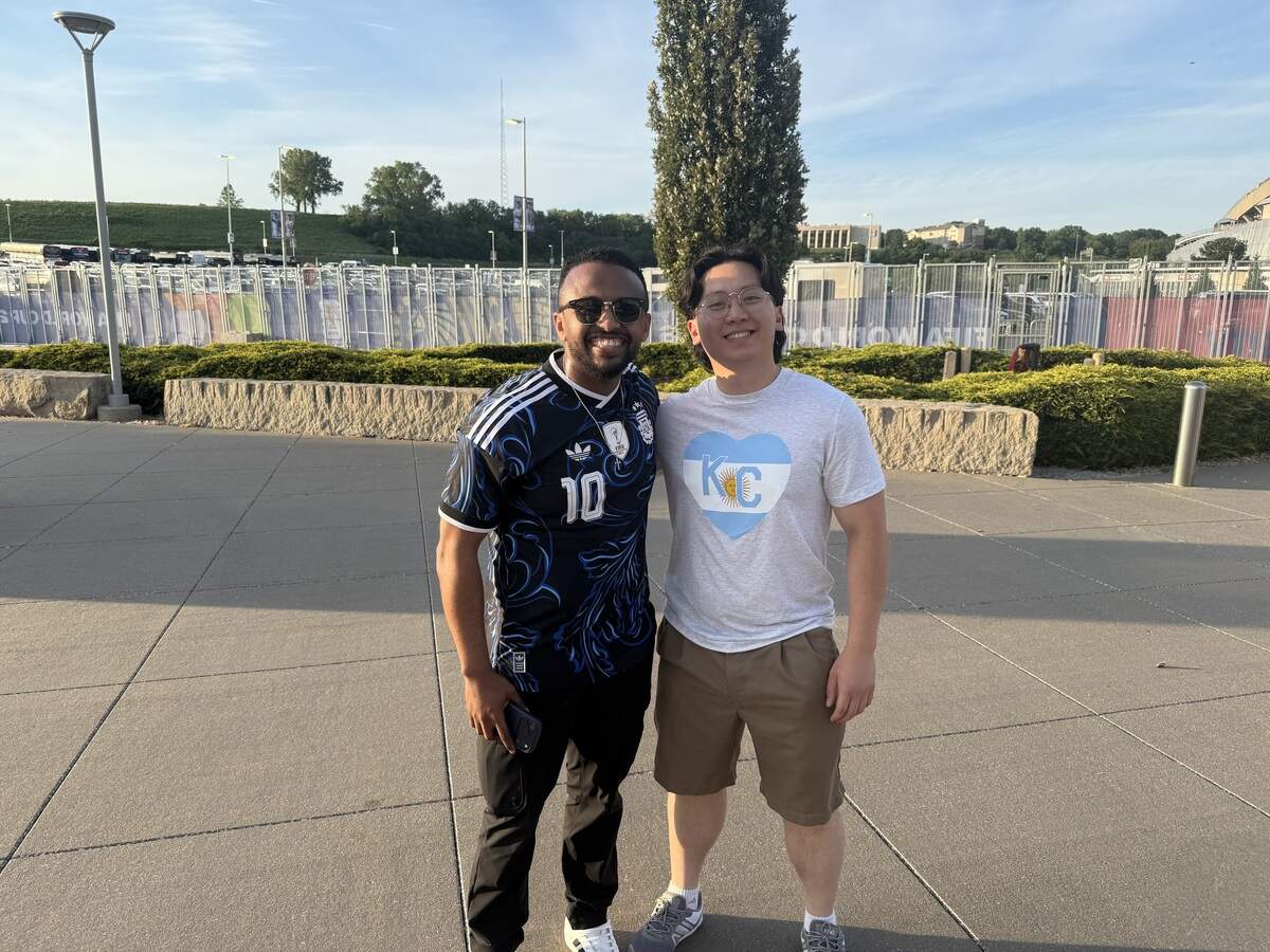 Josh Dereje (left) and Thai Nguyen at Arrowhead Stadium in Kansas City, Missouri.