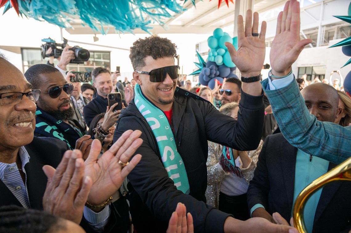 Kansas City Current co-owner Patrick Mahomes during opening festivities for the Kansas City Current’s new CPKC Stadium on Saturday, March 16, 2024, in Kansas City.