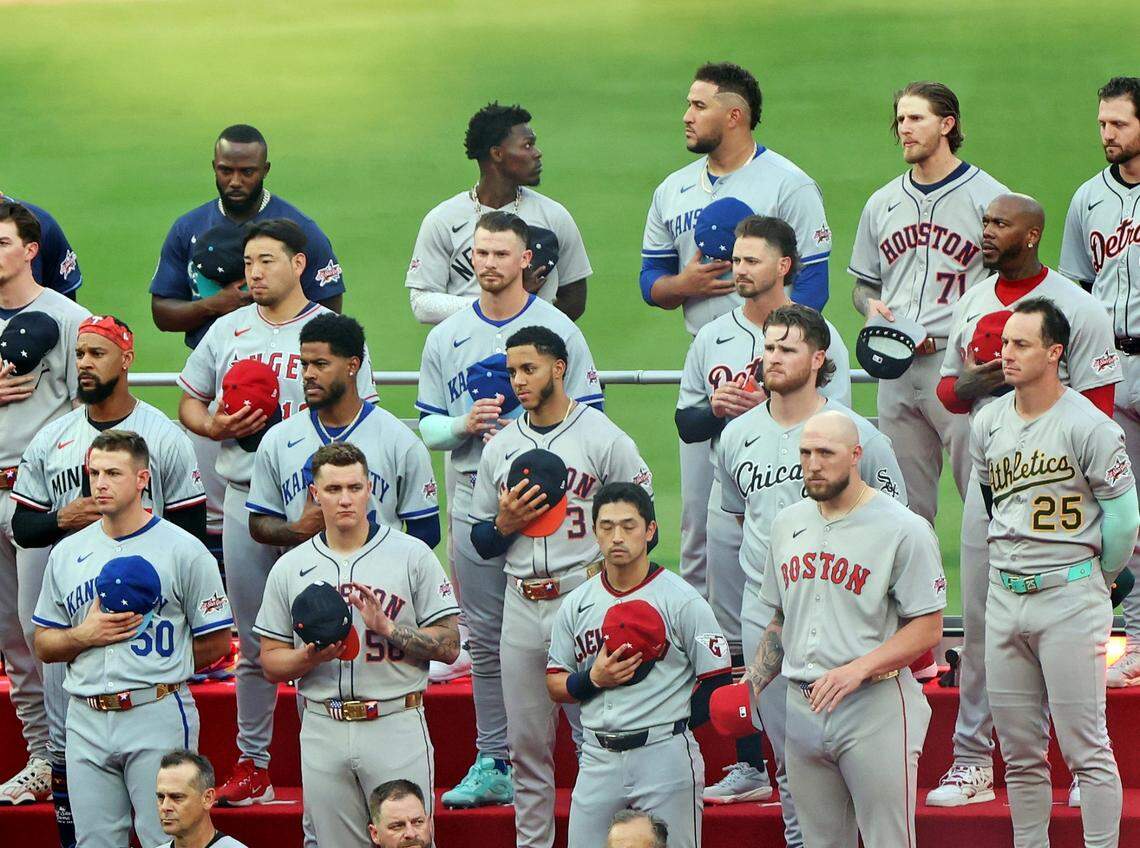 Kansas City Royals pitcher Kris Bubic, bottom left, third baseman Maikel Garcia, above him and to the right, shortstop Bobby Witt Jr., above and to the right of Garcia, and closer Carlos Estevez, top row, second from the right, stand with the rest of the American League All-Stars ahead of the Tuesday, July 15, 2025 MLB All-Star Game at Truist Field in Atlanta.