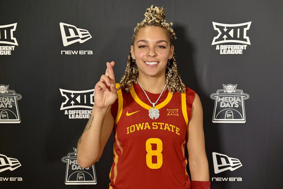 Jada Williams of Iowa State University at the Big 12 Media Day on Tuesday, Oct. 21 in the T-Mobile Center in Kansas City. A KC native, Williams is excited to be moving closer to home.