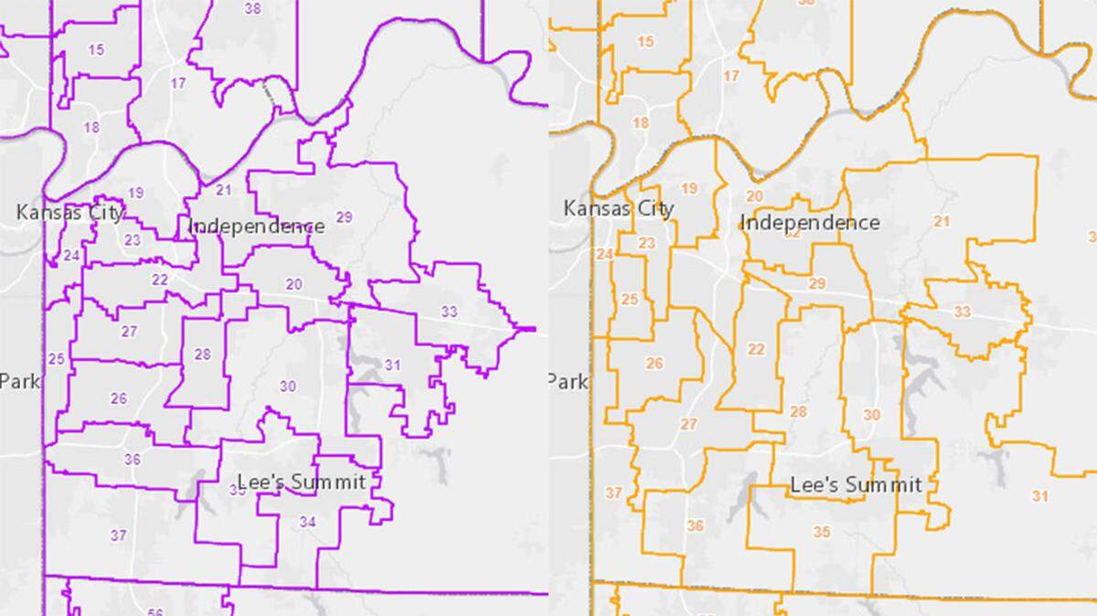 Democrats and Republicans on the House Independent Bipartisan Citizens Commission don’t agree on how to split up Kansas City’s state legislative districts. The Democratic proposal is on the left and the Republican plan is on the right.