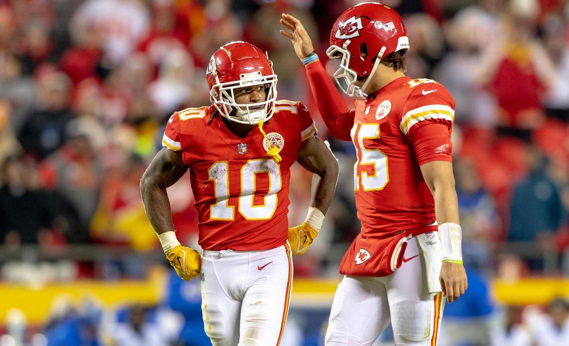 Kansas City Chiefs quarterback Patrick Mahomes (15) talks with running back Isiah Pacheco (10) during an NFL football game against the Los Angeles Rams at Arrowhead Stadium on Sunday, Nov. 27, 2022 in Kansas City.