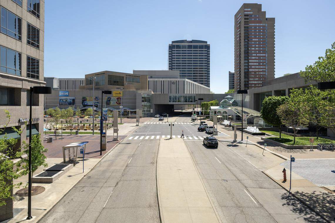 An overview of Crown Center is visible from The Link on Tuesday, April 21, 2026, in Kansas City.