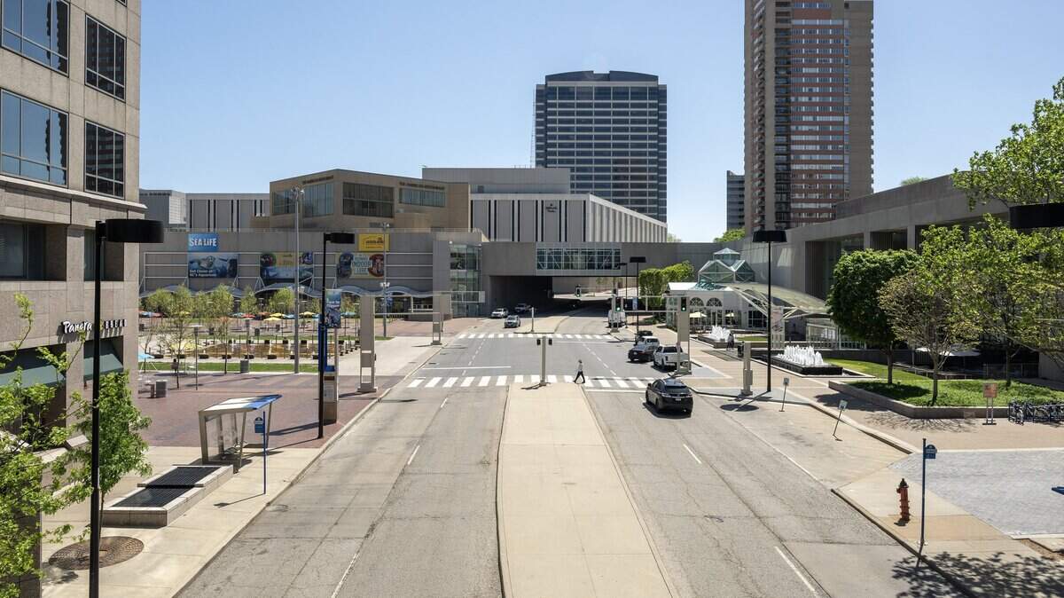 An overview of Crown Center is visible from The Link on Tuesday, April 21, 2026, in Kansas City.