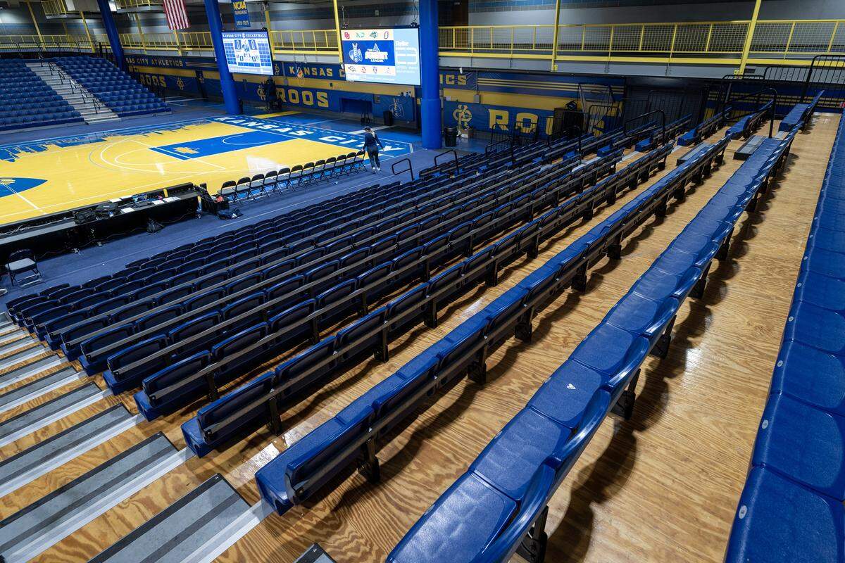 Swinney Center serves as a hub for both UMKC Campus Recreation and Kansas City Roos Athletics. Plywood serves as the floor beneath the seats.