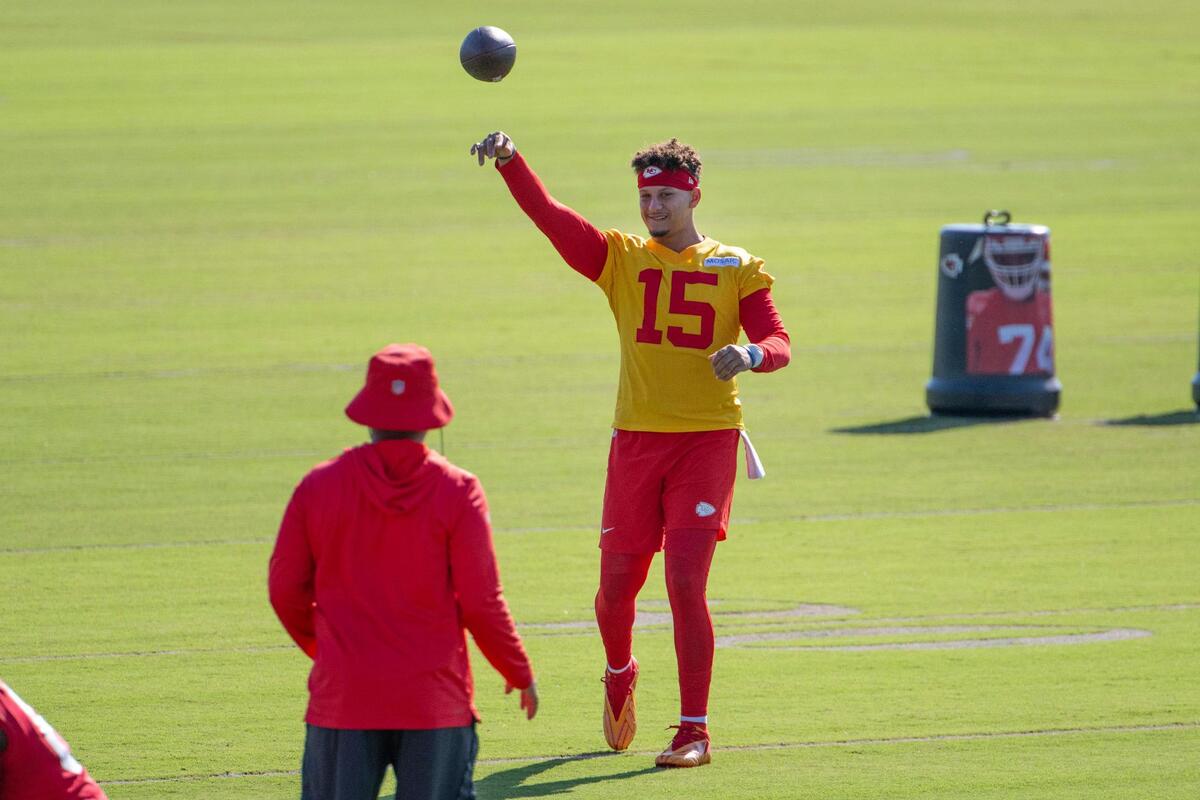 Kansas City Chiefs quarterback Patrick Mahomes (15) warms up during practice at Chiefs training camp on Friday, Aug. 11, 2023, in St. Joseph, Mo.