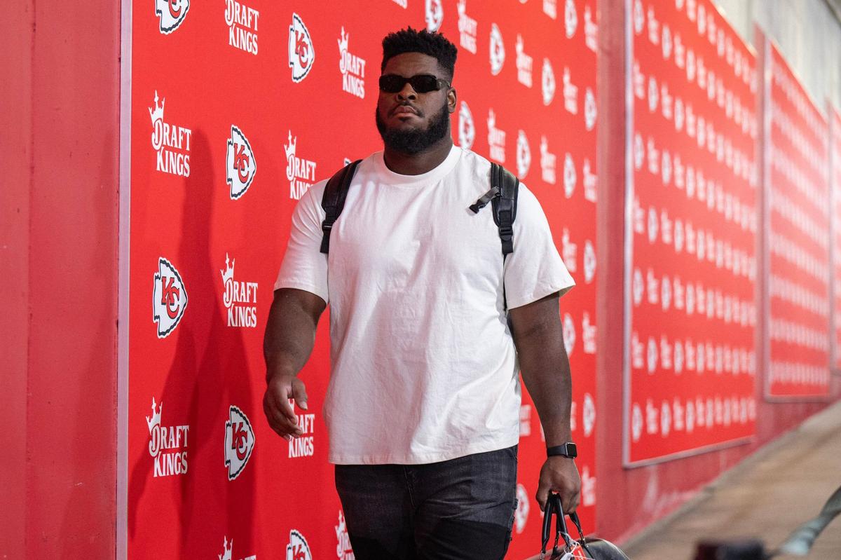 Kansas City Chiefs guard Trey Smith walks down the tunnel before a game on Saturday against the Detroit Lions. (081724, Arrowhead Stadium)