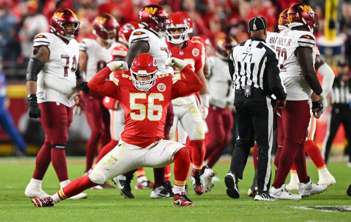 Kansas City Chiefs defensive end George Karlaftis (56) flexes after sacking Washington Commanders quarterback Marcus Mariota in the first half on Monday, Oct. 27, 2025, at GEHA Field at Arrowhead Stadium.
