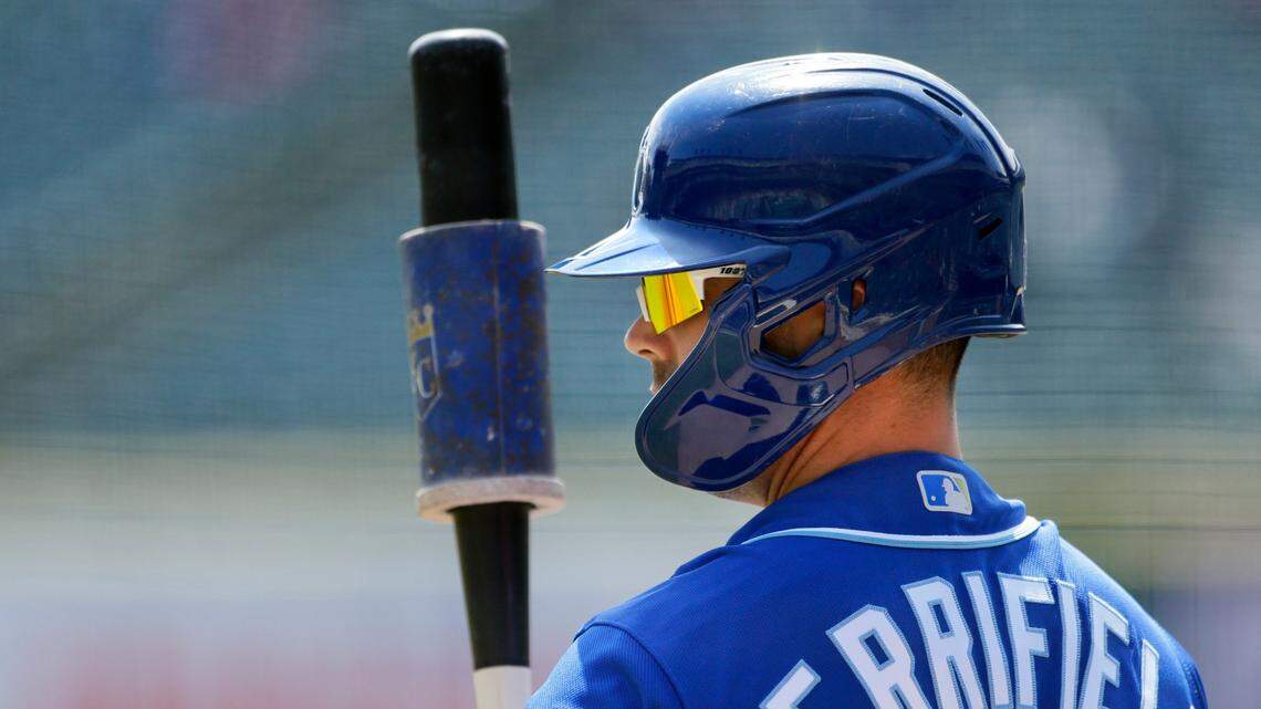 Kansas City Royals’ Whit Merrifield (15) waits to bat against the Detroit Tigers during the first inning of a baseball game Monday, April 26, 2021, in Detroit. (AP Photo/Duane Burleson)