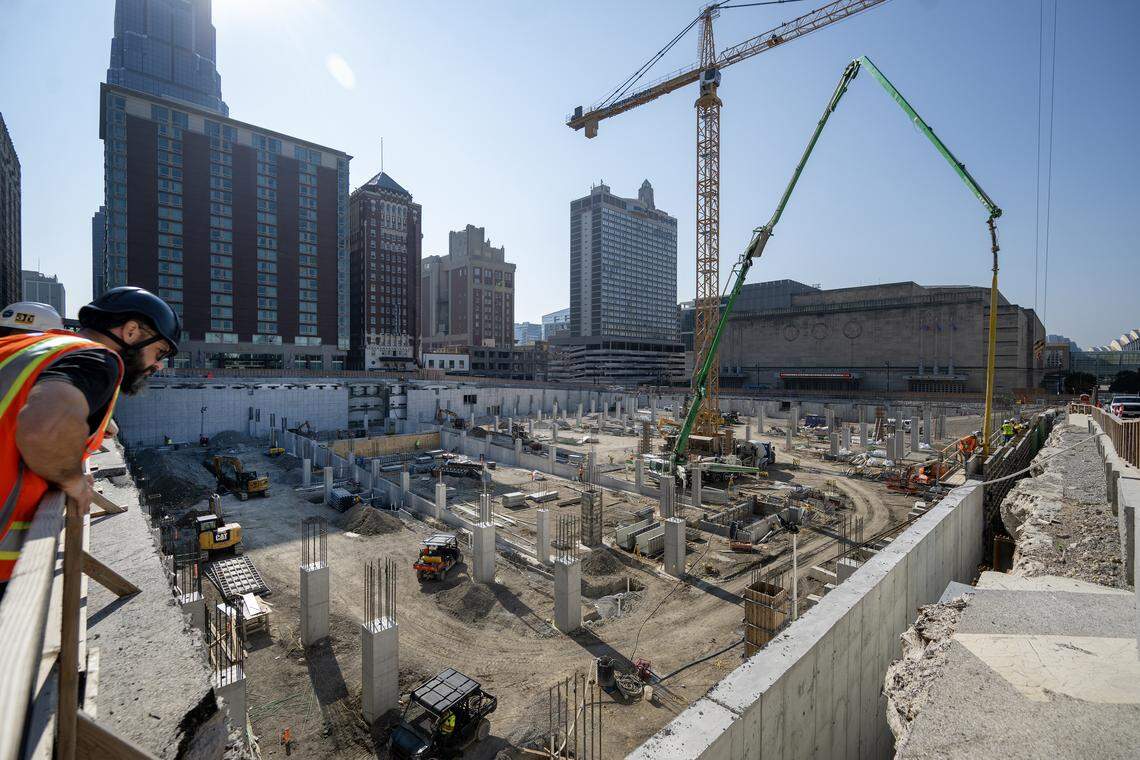 Mark Horne, a project architect with HOK, observed the ongoing construction at Barney Allis Plaza on a recent August day. The underground parking garage for 583 spaces is about 20% complete.