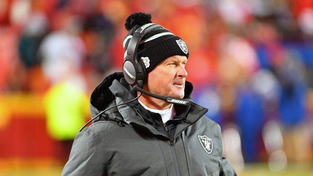 Former Oakland Raiders head coach Jon Gruden watched a play on the sidelines during the second half against the Kansas City Chiefs at Arrowhead Stadium. 