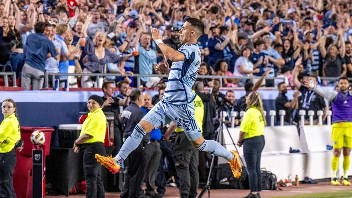 Sporting Kansas City midfielder Erik Thommy (26) celebrates his second goal in the second half during an MLS game against Inter Miami at GEHA Field at Arrowhead Stadium on Saturday, April 13, 2024, in Kansas City.