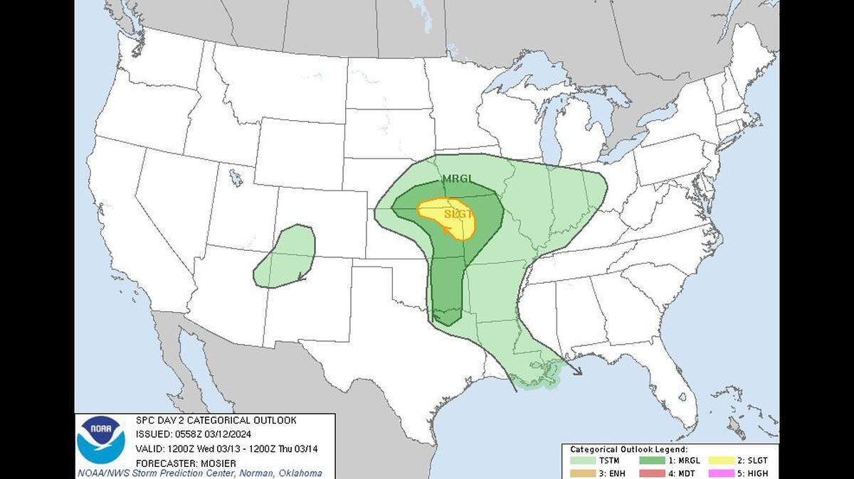 Several rounds of showers and thunderstorms are expected to move through the Kansas City area mid-week, according to the National Weather Service. Kansas City is under a slight risk of severe thunderstorms on Wednesday, according to the Storm Prediction Center. Large hail and strong winds are the primary threats. The tornado risk is low.