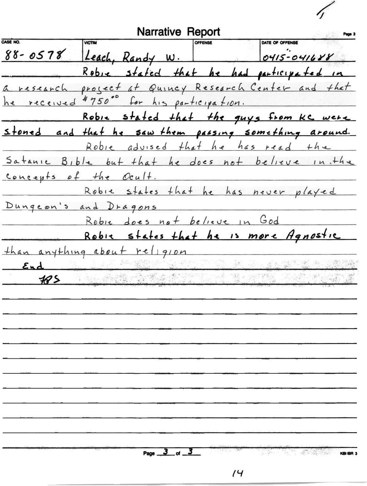 A record of Marble’s interview with a detective shows religious beliefs were discussed.