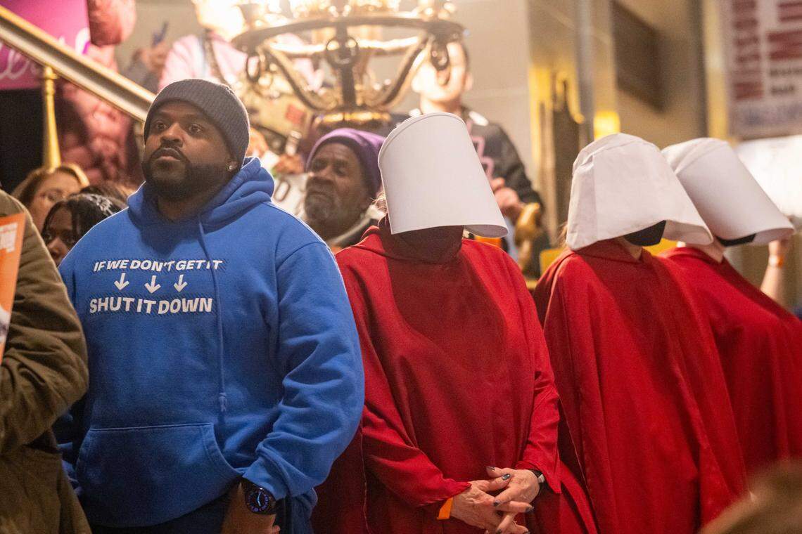 Protesters listen to speakers in the Missouri State Capitol rotunda on Wednesday, January 21, 2026 in Jefferson City. Organizations and allies gathered to protest recent Missouri lawmaker's decisions.