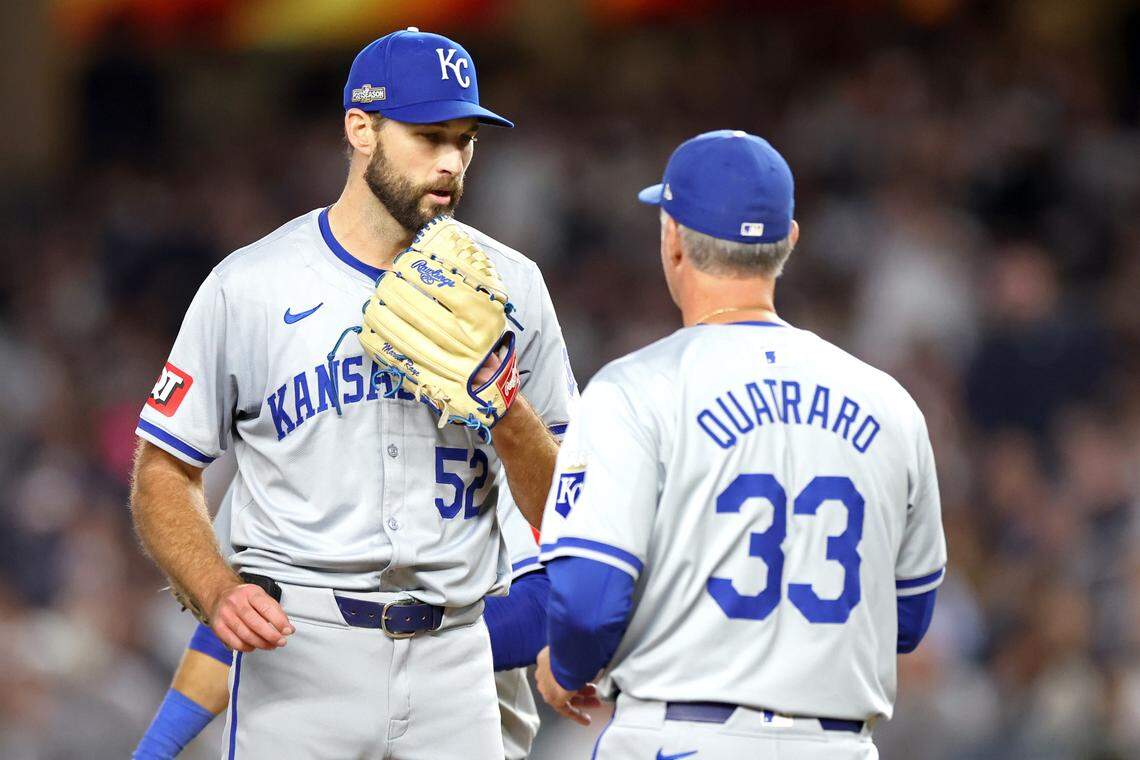 Michael Wacha #52 of the Kansas City Royals is taken out of the game by manager Matt Quatraro #33 against the New York Yankees during the fifth inning in Game One of the Division Series at Yankee Stadium on October 05, 2024 in New York City.