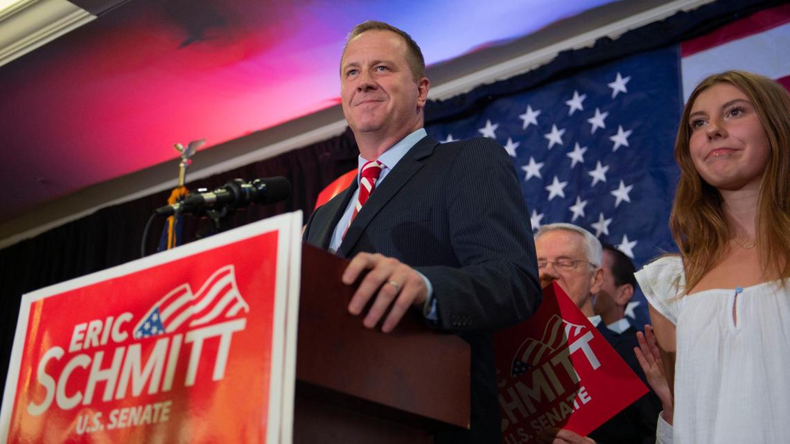 Missouri Attorney General Eric Schmitt speaks to a crowd of supporters in St. Louis after winning the GOP primary for U.S. Senate on Tuesday, Aug. 2, 2022