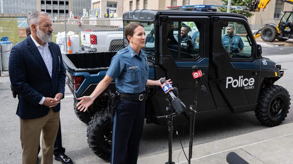 KCPD Chief Stacey Graves helped unveil new UTVs or Utility Task Vehicle or Utility Terrain Vehicles at KCPD Headquarters, on Tuesday, Oct. 7, 2025, in Kansas City. The vehicles will be used primarily downtown and will be part of the ‘walking beat,’ with the ability to fit into tighter spaces and pursue over longer distances.