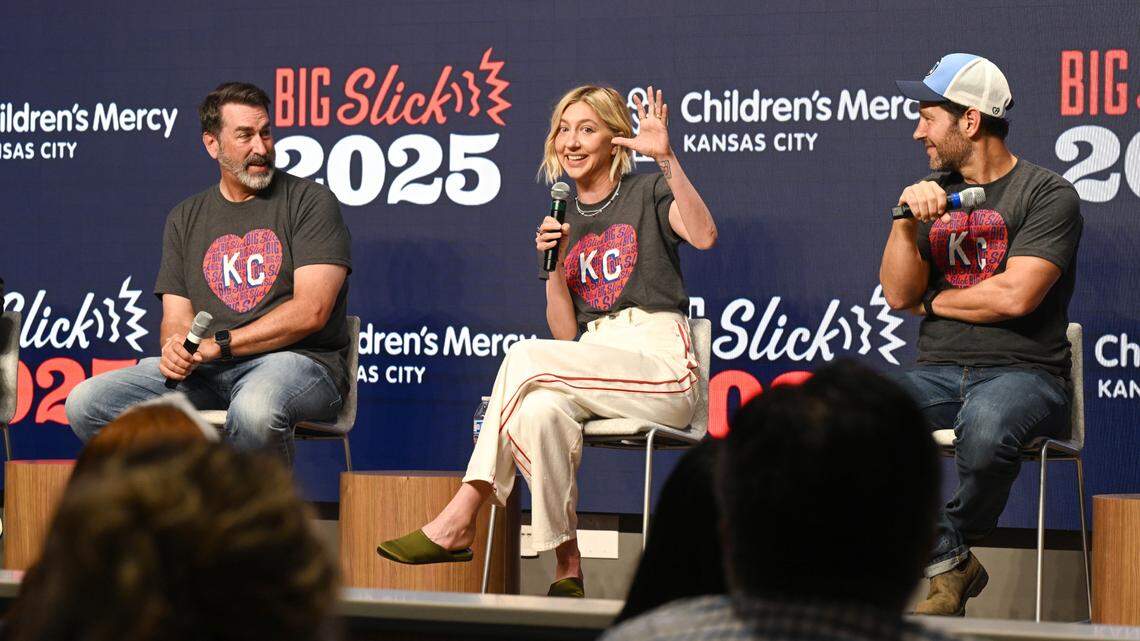 Celebrity hosts of the Big Slick weekend events, from left; Rob Riggle, Heidi Gardner and Paul Rudd fielded questions from members of the media during a news conference where they talked about the Big Slick program Friday, May 30, 2025, at Children’s Mercy Hospital. Funds raised by Big Slick benefit the hospital.