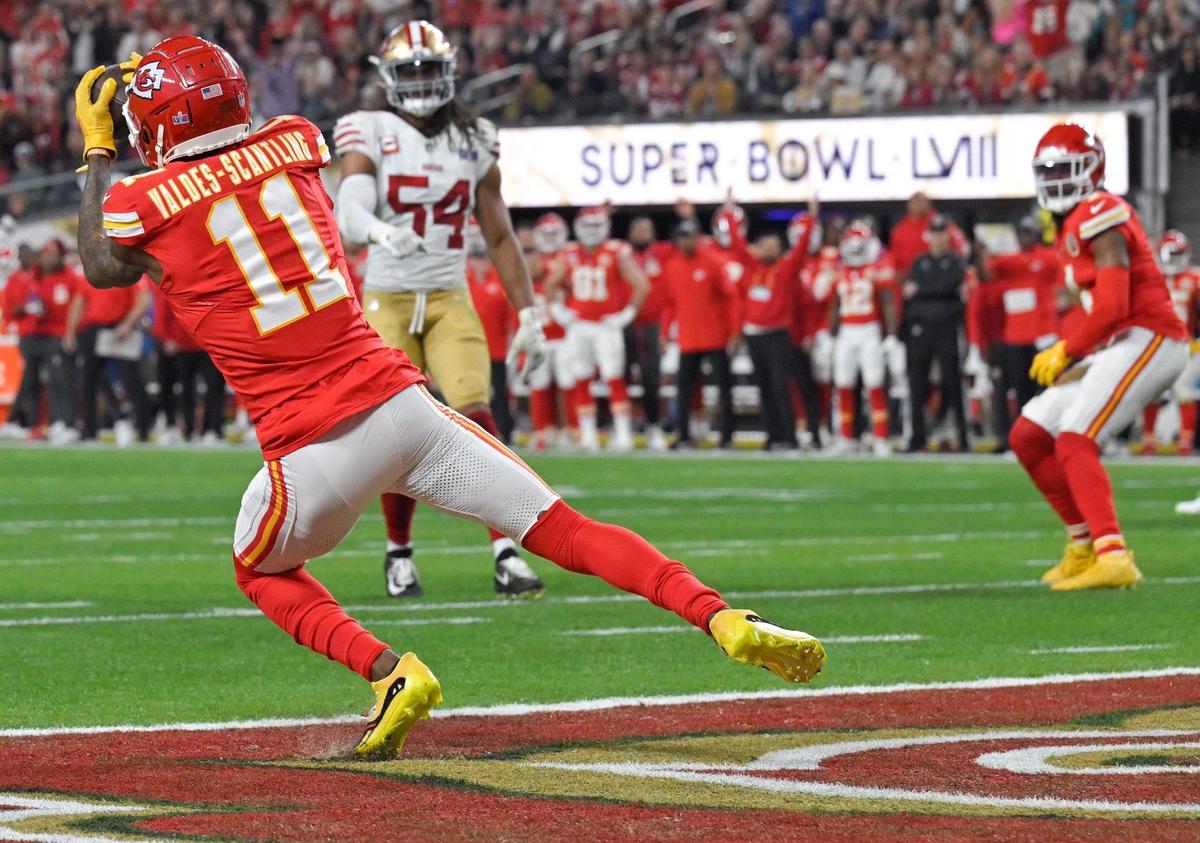 Kansas City Chiefs wide receiver Marquez Valdes-Scantling (11) catches a pass for a touchdown in the second half against the San Francisco 49ers in Super Bowl LVIII, Sunday, Feb. 11, 2024, in Las Vegas.