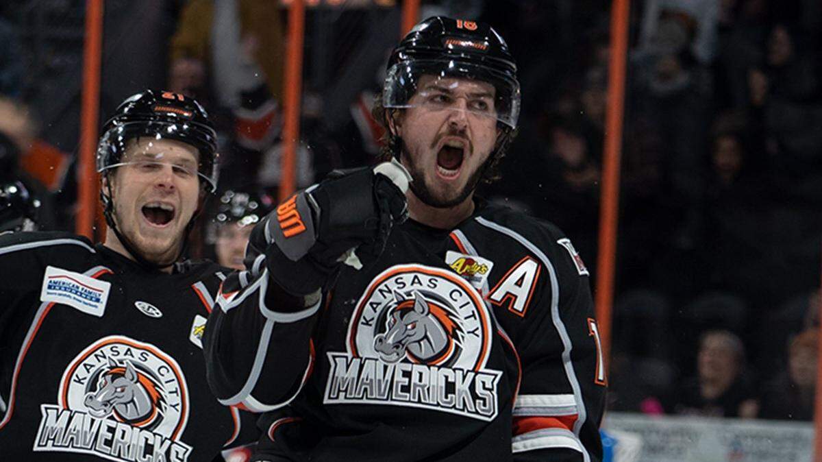 KC Mavericks forward Darik Angeli, right, helped power the Mavericks to victory on Sunday in Rapid City, S.D., with a trio of goals against the Rapid City Rush.