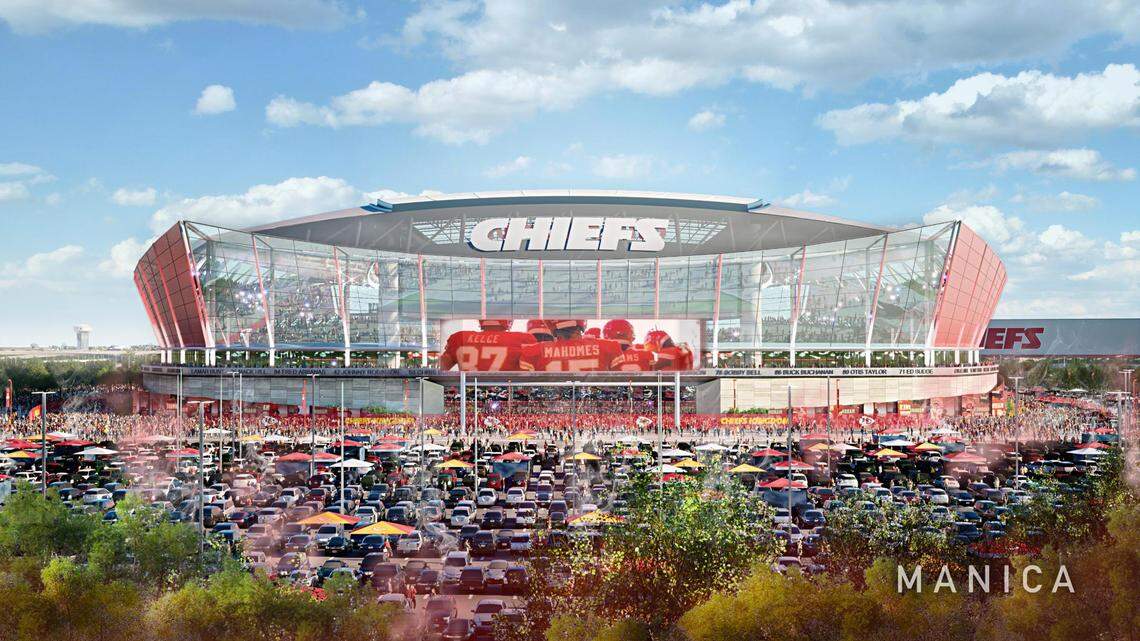 Here’s a rendering showing the concept of what a new domed stadium for the Kansas City Chiefs might look like at the interchange of Interstates 70 and 435 in Kansas City, Kansas.