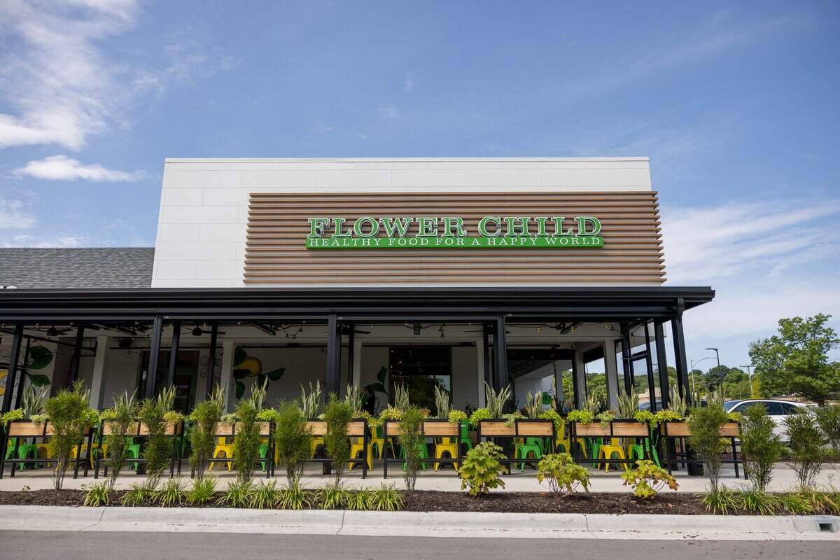 The exterior of the new Flower Child restaurant in Prairie Village on Friday, Aug. 7, 2026. It is the first Flower Child location to open in Kansas.