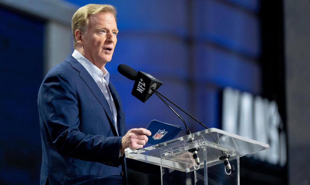 NFL commissioner Roger Goodell announces a pick during the second round of the NFL Draft outside of Union Station on Friday, April 28, 2023, in Kansas City.