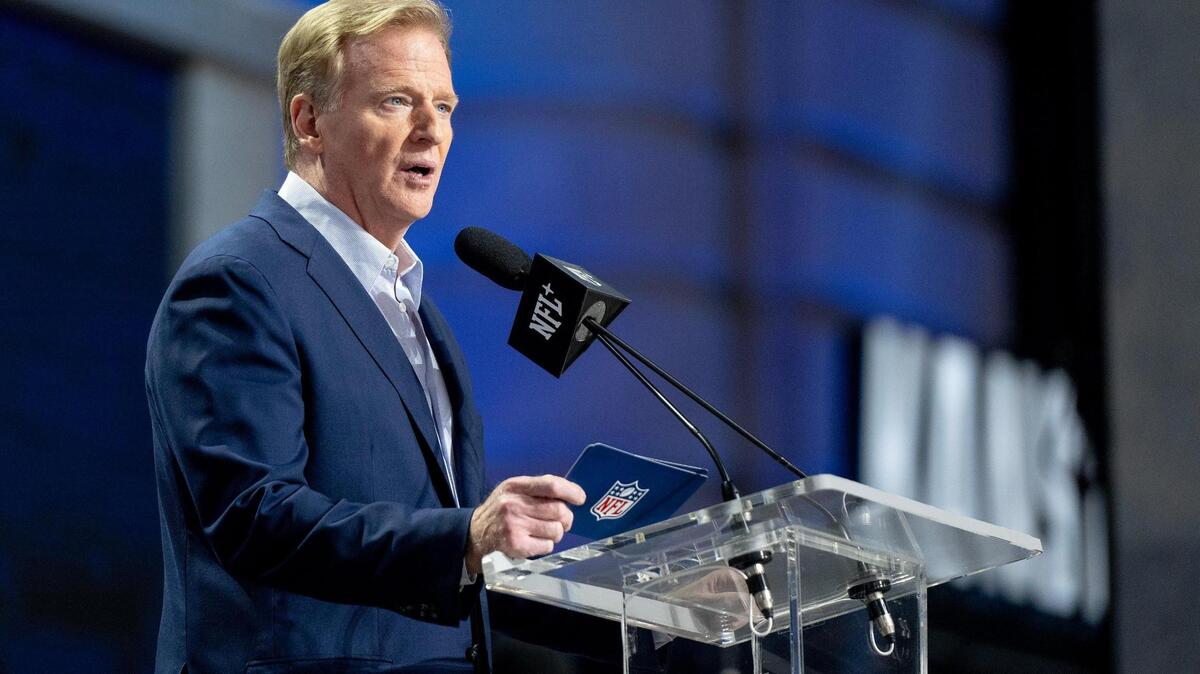 NFL commissioner Roger Goodell announces a pick during the second round of the NFL Draft outside of Union Station on Friday, April 28, 2023, in Kansas City.