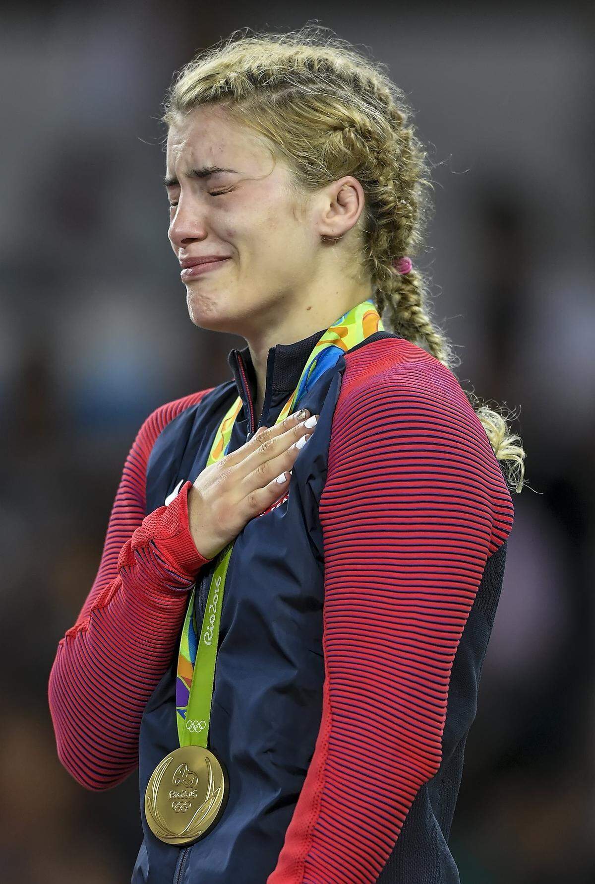 Helen Maroulis wept after receiving the United States’ first Olympic gold in women’s wrestling during the 2016 Summer Olympics in Rio de Janeiro, Brazil.
