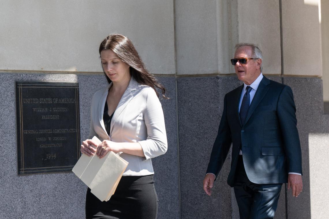 Former Boilermakers International President Newton Jones and his wife, Kateryna Jones, prepare to enter the Robert J. Dole Federal Courthouse in Kansas City, Kansas, on Sept. 3, 2024, for their initial court appearance after being indicted in an alleged $20 million union embezzlement scheme.