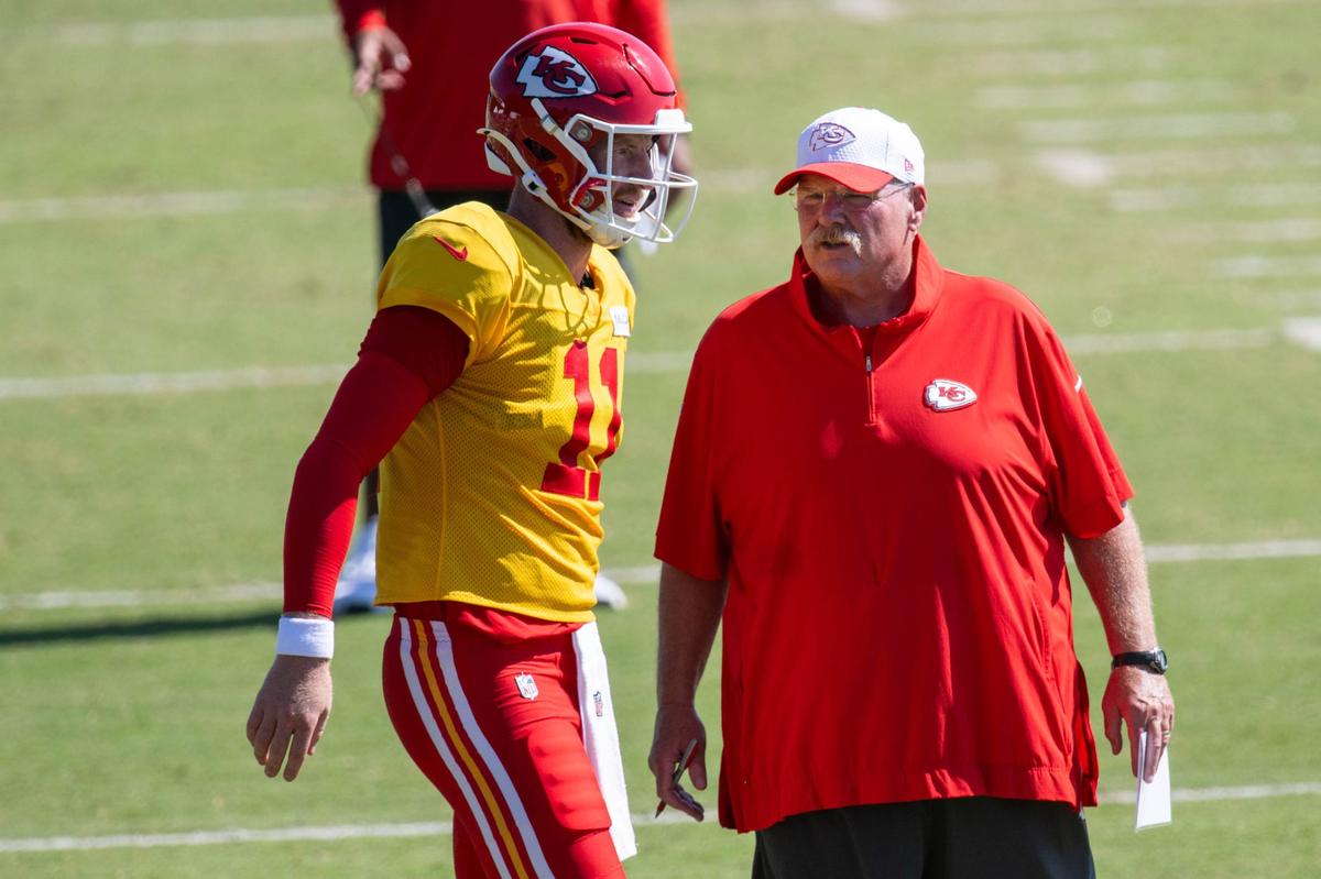 Kansas City Chiefs quarterback Carson Wentz talks with coach Andy Reid between plays at training camp on Aug. 2 in St. Joseph.