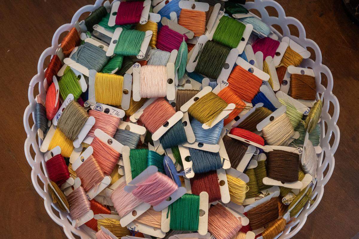 A tray of colorful threads is displayed for sale at The Parkville Needlepoint House on Wednesday, Feb. 11, 2026, in Parkville.