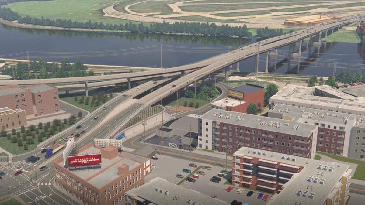 Artist rendering of the final construction of the bridge to replace the aging Buck O’Neil Bridge near the northwest corner of downton Kansas City.