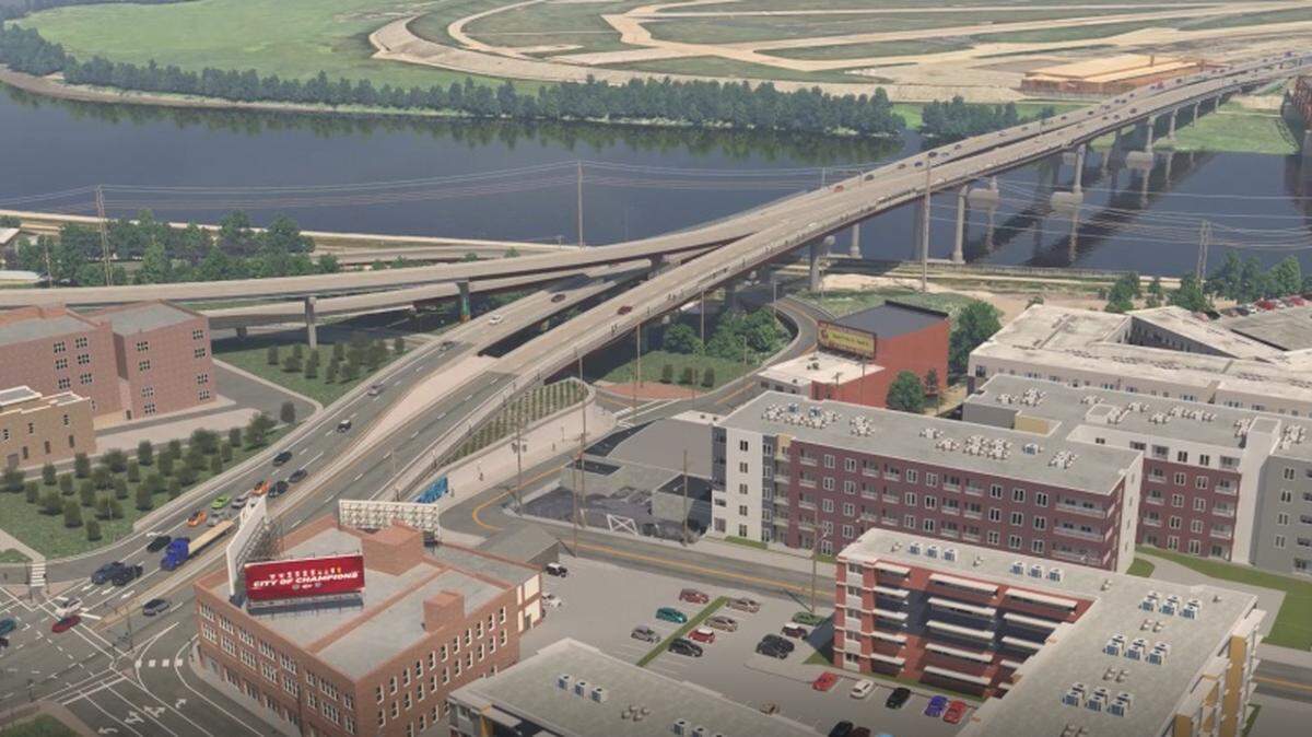 Artist rendering of the final construction of the bridge to replace the aging Buck O’Neil Bridge near the northwest corner of downton Kansas City.