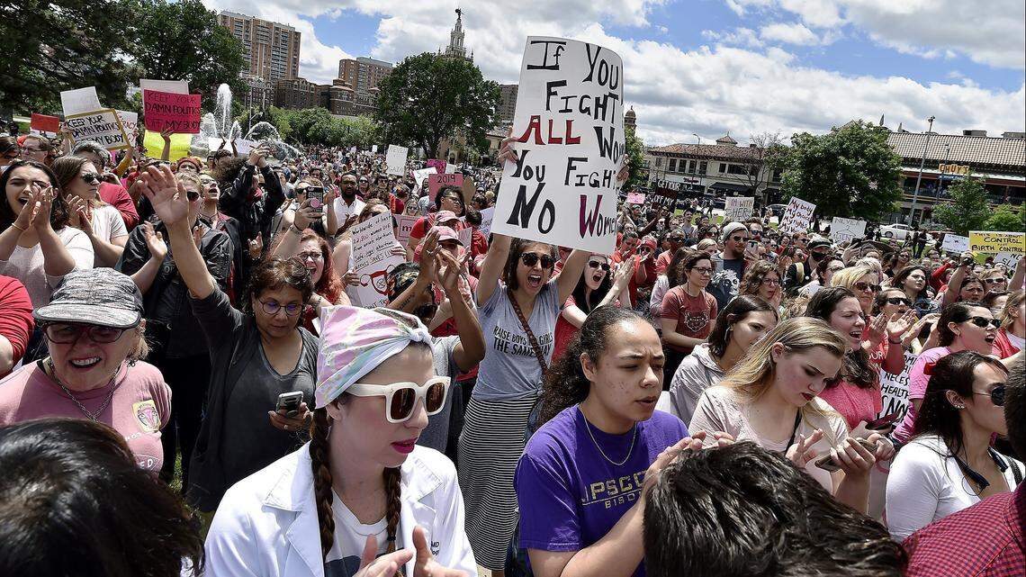 Several hundred protesters marched through the Country Club Plaza in 2019 in response to the passage of Missouri legislation that in 2022 would allow the state to become the first in the country to enact a near-total ban on abortion.