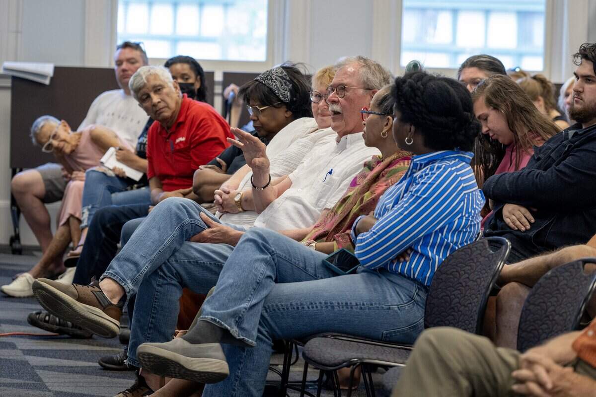 A Midtown resident speaks during a public meeting about the proposed Linwood Business Center zoning changes at the Westport Library on Tuesday, July 7, 2026, in Kansas City.