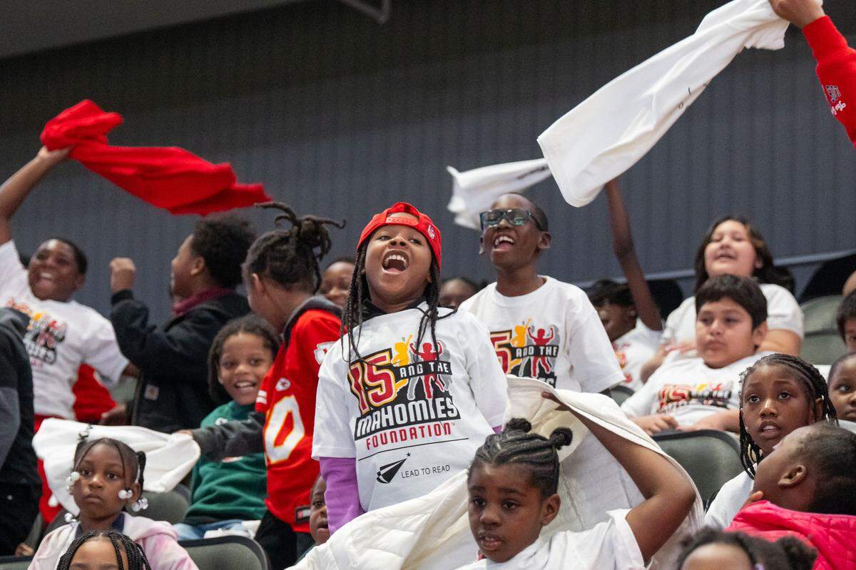Kids from schools around the Kansas City metro area cheer for Kansas City Chiefs quarterback Patrick Mahomes before he reads to them at the Lead to Read KC Reading Rally, on Thursday, April 2, 2026, at T-Mobile Center.