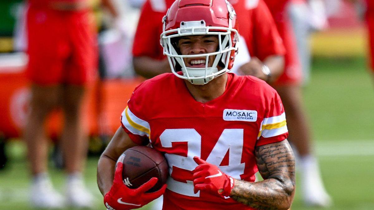 Chiefs wide receiver Skyy Moore (24) runs with a pass reception during training camp on Friday, July 29, 2022 at Missouri Western State University, in St. Joseph, Missouri.