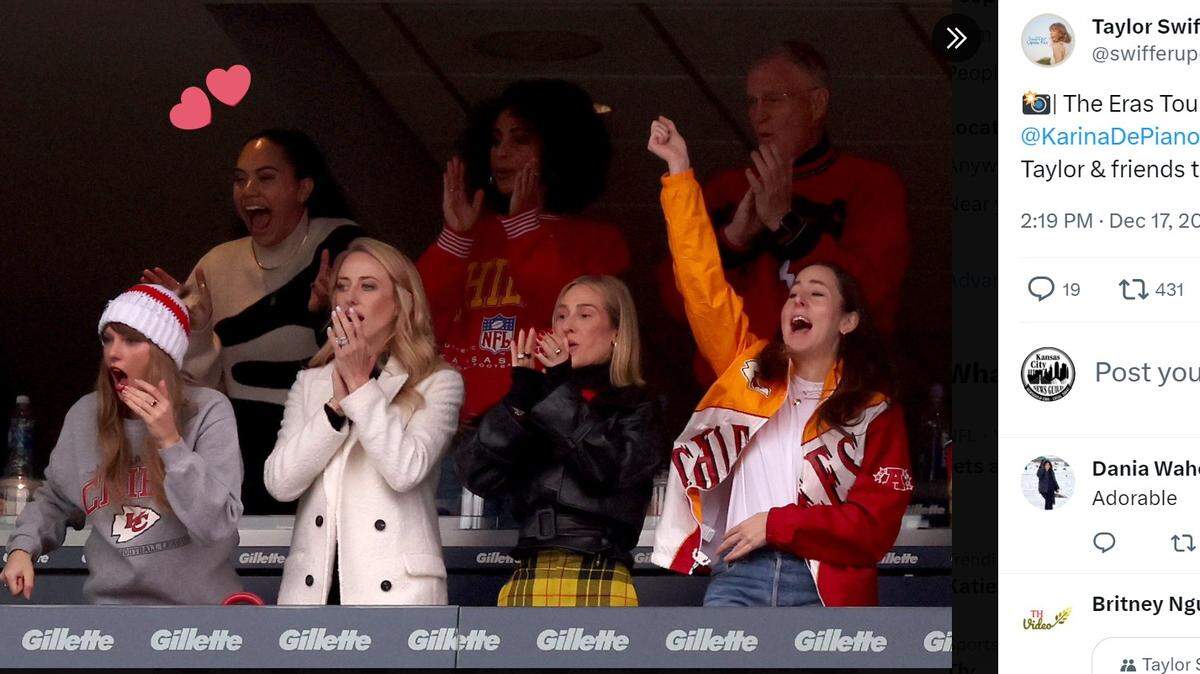Taylor Swift, left, had an enthusiastic squad with her at the Chiefs-Patriots game Sunday including (left to right) Brittany Mahomes, longtime friend Ashley Avignone and friend/collaborator Alana Haim of the band HAIM.