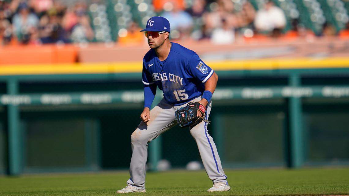 Kansas City Royals second baseman Whit Merrifield plays against the Detroit Tigers in the seventh inning of a baseball game in Detroit, Saturday, July 2, 2022. (AP Photo/Paul Sancya)