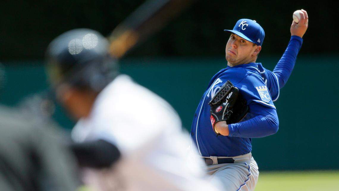 Kansas City Royals’ Brad Keller pitches against the Detroit Tigers during the first inning of a baseball game Monday, April 26, 2021, in Detroit. (AP Photo/Duane Burleson)