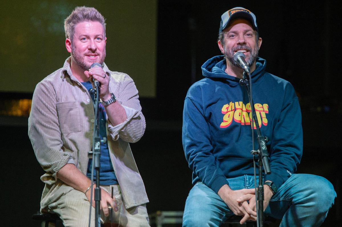 Drummer Billy Brimblecom, left, and actor Jason Sudeikis announce the seventh annual Thundergong at Uptown Theater on Friday, Nov. 10, 2023, in Kansas City. Thundergong, a musical event, supports Steps of Faith Foundation in aiding amputees without proper insurance.