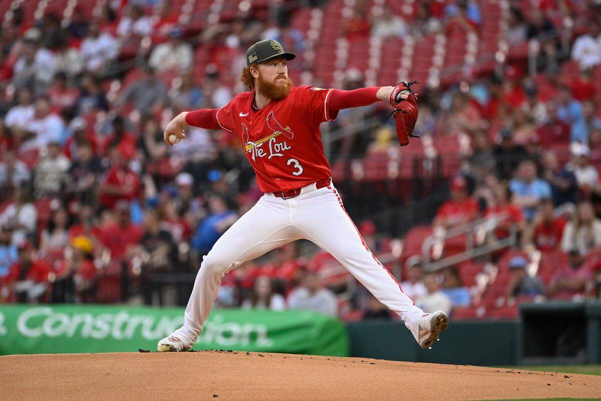 Cardinals pitcher Dustin May delivers against the Kansas City Royals during a game at Busch Stadium in St. Louis on Friday, May 15, 2026.