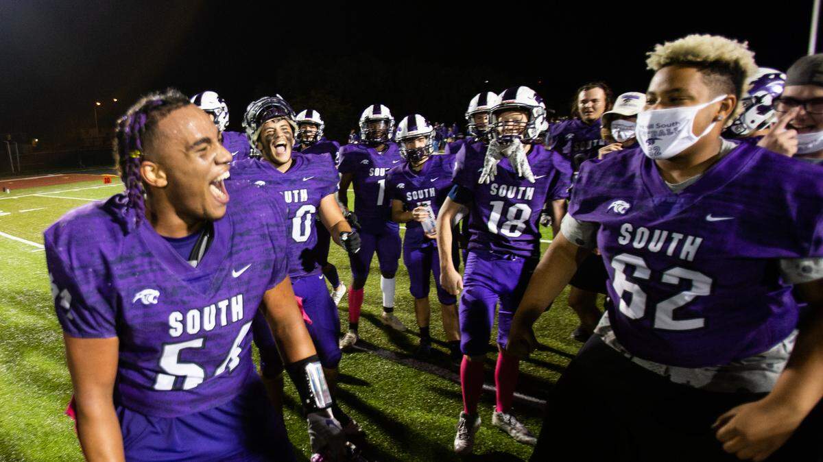 Park Hill South defensive lineman RJ Mitchell celebrates after the Panthers came back from down 24-14 to beat North Kansas City, 28-24, Friday night at the Park Hill District Stadium. The Panthers defense came up big in the fourth quarter with two turnovers to seal the game.